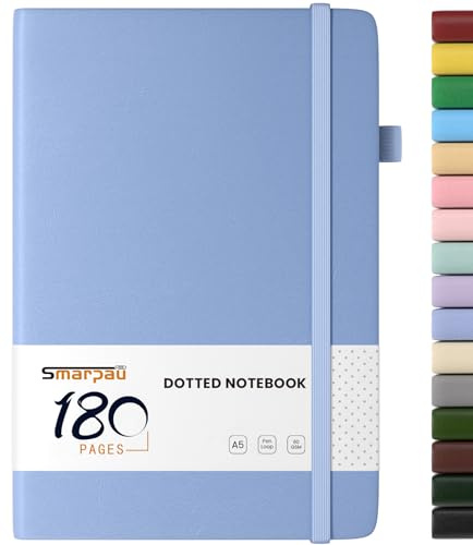 Smarpau Notizbuch A5, Hardcover Bullet Dotted Journal Buch mit 180 Seiten | 80gsm Tintenfestes Dickes Papier, Leder Notizbuch für Frauen Männer Arbeit Büro Schule, 14.5 x 21cm-Azurblau