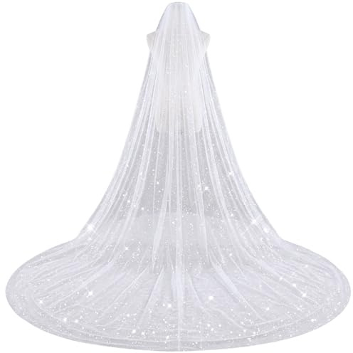 Josojoou Langer Braut Schleier Mit Glitzer 3 X 1,5 M Brautschleier Für Die Hochzeit Weiß Weicher Kathedralen Schleier Mit Kamm Kopfschmuck Haarschmuck Brautkleid Schleier Für Trauung Hochzeits