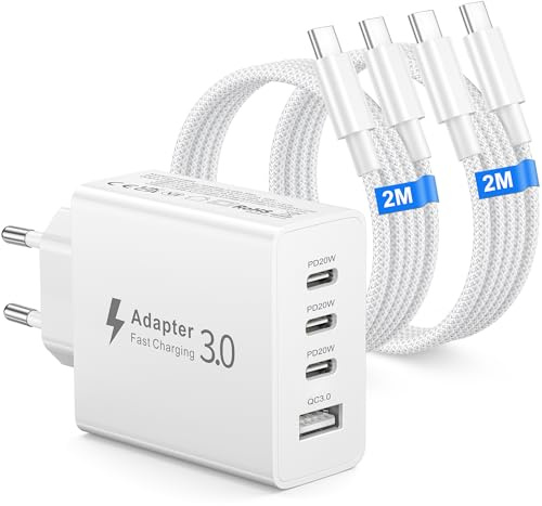 Cargador USB C 50W, 4-Porto Cargador iPhone Carga Rapida Múltiple USBC Enchufe Rápido Pared Adaptador Tipo C con 2 x 2M Cables USB-C para iPhone 17 16 15 14 13 12 11 Pro Max Plus, iPad, Samsung S26/25