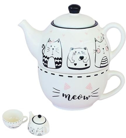 Adorable Cat Ceramic Teapot Cup Set, Lovely Household Tea Pot Cup Kit, Practical Stylish Home Decor, Easy to Clean and Reusable, for Cat Lovers Ceremony
