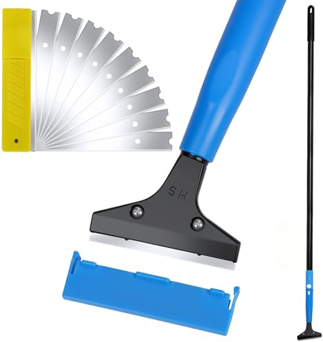 BigKing Rasqueta de mango largo, Rasqueta para suelos con barra de extensión de 4 secciones, 10 cuchillas reemplazables, resistente, multiusos, para limpiar azulejos, papel pintado, desechos (Negro)