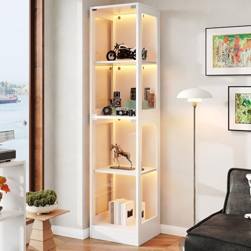 Merax Vitrine mit LED Beleuchtung und Glastüren, 4 Ebenen Vitrinenschrank, App-gesteuerter LED-Beleuchtung & Push-to-Open, Sammlervitrine für Figuren, Deko, Modelle, 40x35x170 cm, Weiß