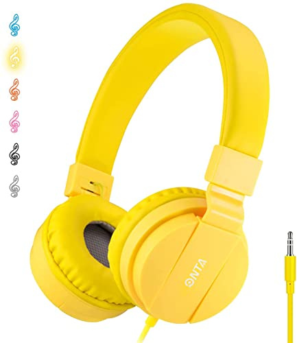 ONTA Kids Wired Headphones with Cord - School Student Headset, Toddler Earphones, Safe Volume, 3.5mm Jack, On-Ear for iPad, Tablet, Laptop, Travel, Yellow