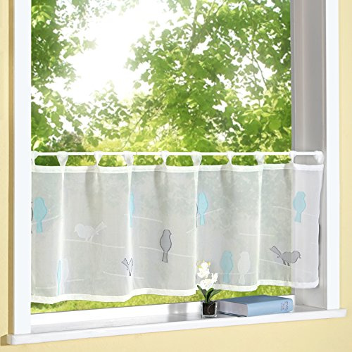 heimtexland ® Scheibengardine Natur Batist mit Schlaufen 45 x 140 cm gewebt mit süßen Vögeln in türkis Bistrogardine halbtransparent Modern Landhaus Gardine Vogel Typ568