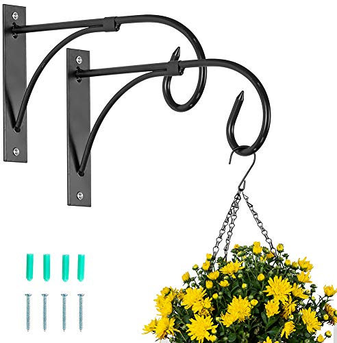 NUPTIO 2 Pcs Hanging Basket Brackets: Outdoor Metal Garden Hooks for Wall Hanging Plants, Fence Lanterns, Bird Feeders Hanger - Black
