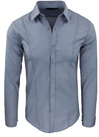Evoga Camisa de hombre ajustada Super Slim Fit elegante casual elástica de algodón gris L