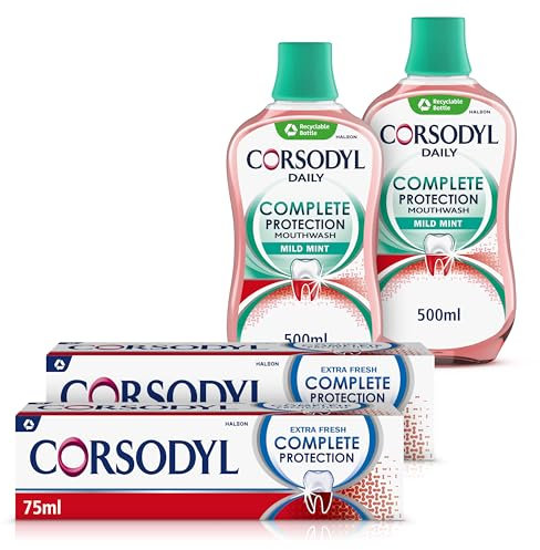 Corsodyl Gum Care Toothpaste and Mouthwash Multipack, Bundle (2 x Corsodyl Complete Protection Mild Mint Mouthwash 500 ml, 2 x Complete Protection Extra Fresh Toothpaste 75 ml)