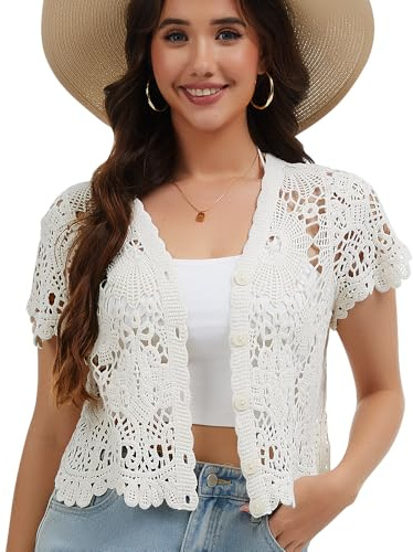 Women's Short Sleeve Bolero Shrugs Crochet Lace Open Cardigan, White-a, One Size