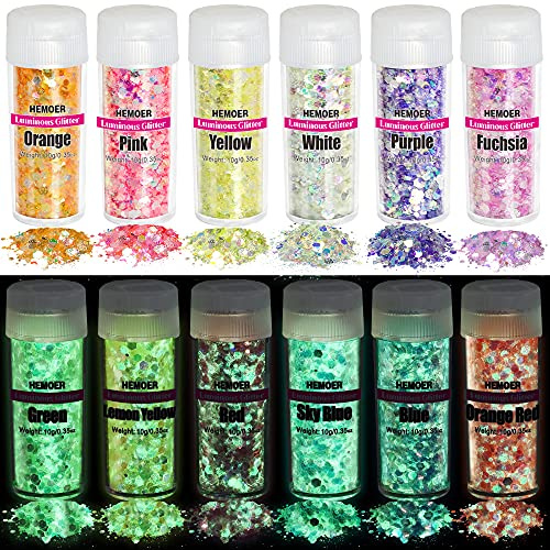 HEMOER Fluorescerande Glitter 12 Färger, Smink Glitter Ansikte Glitter, Kroppsglitter Färgförändrande Iriserande Paljetter för Naglar ögon hår för Halloween Fest jul DIY Hantverk