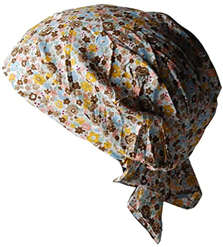 Cool4 Sommer Kopftuch Strand Bandana Meer Beanie Sonne Sonnenschutz Mütze Chemo Cap A04 (Natur braun hellblau gelb geblümt)