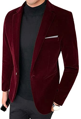 SHINROAD Veste pour homme - Blazer à col retourné - Manches longues - Coupe simple - En velours - Pour homme - Rouge vin - Taille L