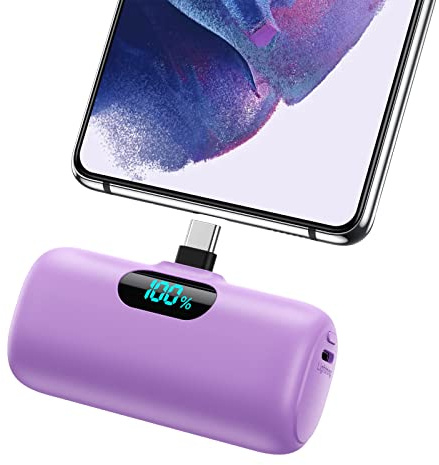 Feob Mini Power Bank, 5000mAh USB C Cargador Portátil 15W PD Carga Rapida Batería Externa Compacto Powerbank con Pantalla LCD Compatible con iPhone 16/15 Pro Samsung USB C Teléfonos etc-Morado