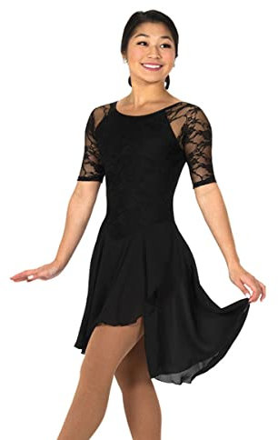 YDHTIZ Kinder Mädchen Eiskunstlauf Kleid Ladies Professional Figur Skating -Wettbewerb Kleider Schwarze Spitze Kurzarm Girls Gymnastic Mädchen Eiskunstlauf Kleid (M,Black)