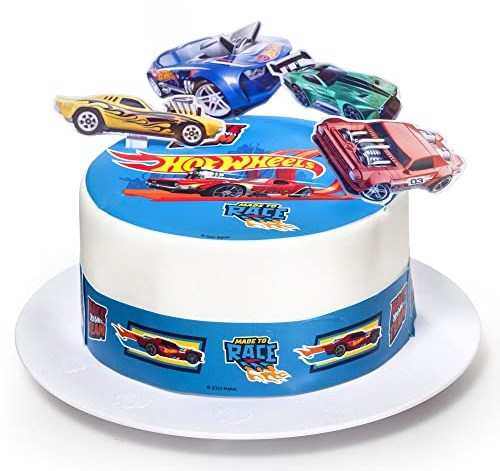 Kardasis Hot Wheels Tortenaufleger Essbar 20 cm Kuchen Deko Cake Topper | Essbarer Hot Wheels Tortenaufleger 20cm mit 3 Bändern 28x5cm und 3 Papierfiguren für einfache Geburtstagstorten Deko