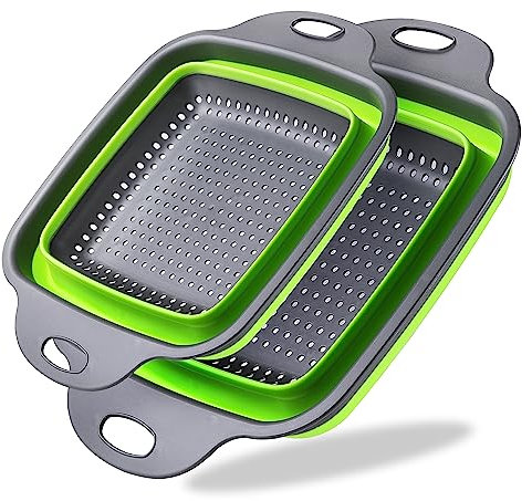 JJOO - Colino pieghevole in silicone, 29,2 cm quadrato in silicone e 24,1 cm, scolapasta quadrato in silicone, colino per frutta e verdura, filtri per alimenti da cucina (verde)