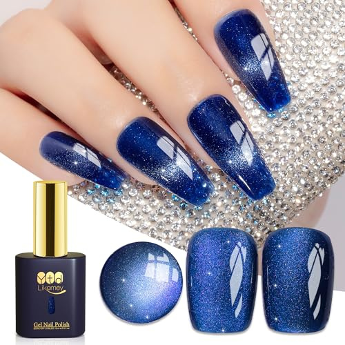 YTD Likomey Cat Eye UV Gellack Nagellack Gel,15ml Katzenauge Blau 9D Holographisch Transluzent Neutral Gelee Scher Glänzend Magnetisch Glitzer Nagelgel mit Magnetstift, MY333