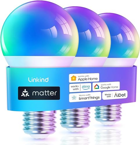 Linkind Ampoule Connectée, Ampoule Matter Wifi Intelligente, Multicouleurs RGB &1800K-6500K, Ampoule LED E27 Dimmable Compatible avec Alexa et Google Home, 9W équivalent 60W, Commande Vocale, 3 PCS