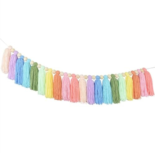 Ieron Girlande aus Baumwolle, Regenbogen-Quaste, Boho-Banner, bunt, pastellfarben, dekorativer Wandbehang, Dekoration für Kinderzimmer, Schlafzimmer, Party, Weihnachten