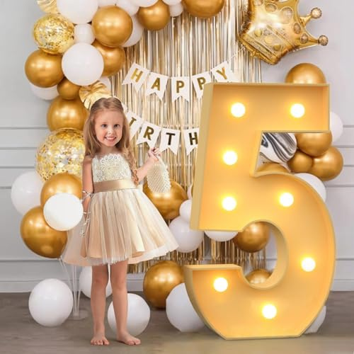 120cm-4ft Birthday Decor Number Light Up Numbers 5, Large Mosaic Marquee Light Up Sign, Pre-cut Foam Board Set Marquee Numbers for New Year Anniversary Party