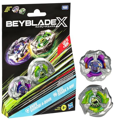 Beyblade X Knife Shinobi 4-80HN und Keel Shark 3-80F Kreisel Dual Pack, mit X-Celerator, mit 2 Klicks zusammenbauen, für spannende Battles unterm Weihnachtsbaum