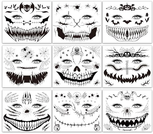 Qpout 9 Blätter Beängstigende Halloween Gesicht Temporäre Tattoos für Frauen Männer, Horror Große Mund Wunde Narben Stiche Tattoos Aufkleber, Spinnennetz Fledermaus Tag der Toten Hexe Zombie