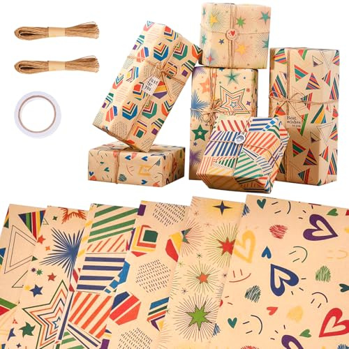 Zindoo Geschenkpapier Geometrisch 6 Blatt 50x70cm Modernes Design | Elegante Muster für viele Anlässe, mit praktischen Aufklebern und 20 m Kordel zum einfachen Verzieren und Gestalten