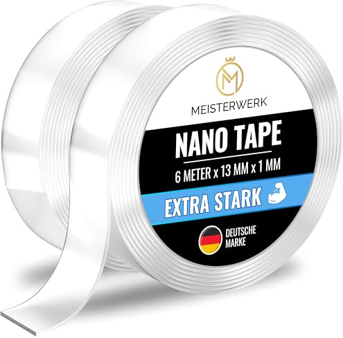 MEISTERWERK - Doppelseitiges Nano-Klebeband [EXTRA STARK] - Klebstofffrei & Spurlos dank Gecko-Effekt I Rutschfest - Waschbar & Wiederverwendbar