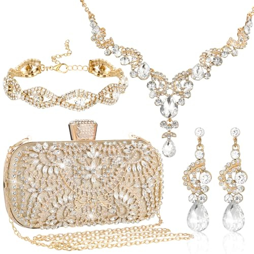 Quelay ​​​​4 Pcs Purse Rhinestone Jewelry Set for Wedding Bridal Women Handbag with Necklace Bracelet Dangle Earrings(Luxurious,Champagne)