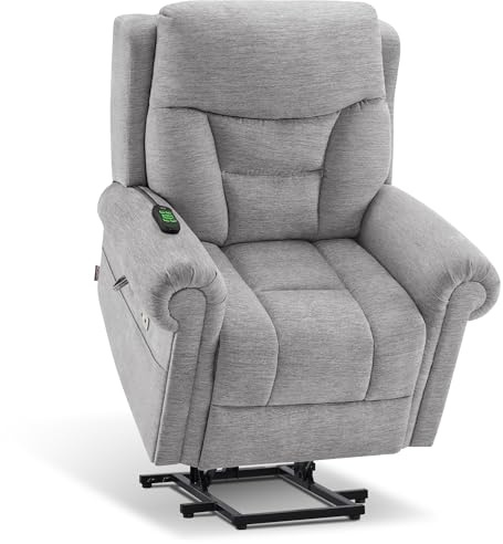 MCombo Triple Motor Riser Recliner Chair for Elderly, Electric Power Lift Armchair with Massage & Heating, Rolled Arms, Adjustable Headrest, Fabric 7888 (Grey, Medium)