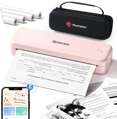 Phomemo M834 Stampante Portatile A4, Stampante Termica Portatile, Connessione Bluetooth e USB, Supporta Carta Termica A4, Con Custodia per il Trasporto e 4 Rotoli di Carta Termica, Rosa