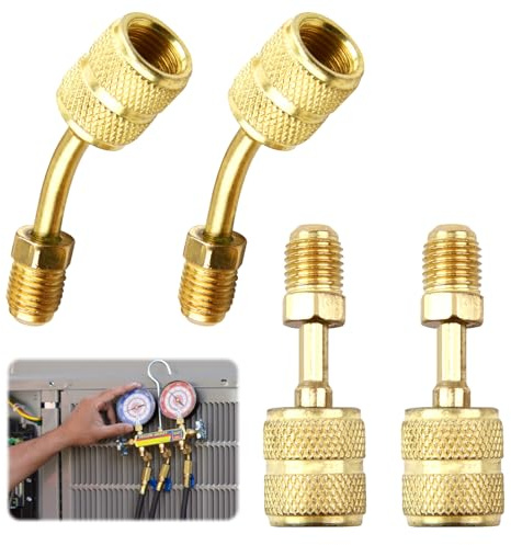 Kit d'Adaptateurs R410A 5/16 SAE Femelle vers 1/4 SAE Mâle pour Climatiseurs HVAC, Adaptateurs R410a pour Mini Adaptateur Répartiteur de Système HVAC - 2 Adaptateurs Droits + 2 Adaptateurs Coudés