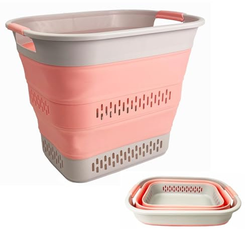 SAMMART Zusammenklappbarer Wäschekorb aus Kunststoff, 40 l, faltbarer Pop-Up-Aufbewahrungsbehälter/Organizer, tragbarer Wäschesammler, platzsparend (1, Grau/Quarzrosa)