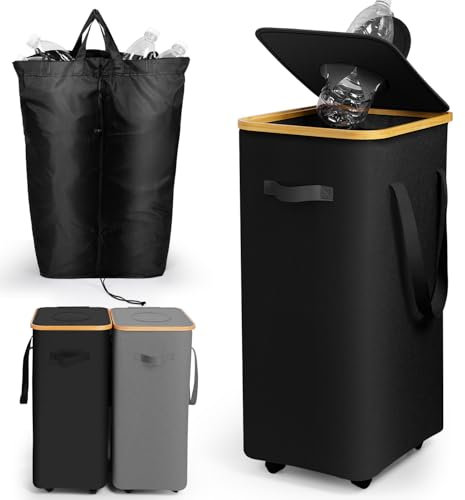 SOUTHGATE Pfandflaschen Sammelbehälter mit Rollen, 90L Schlanker Pfandbehälter, Leergut & Altglas Aufbewahrung mit Loch [inkl. XXL Tragetasche], Flaschensammler mit Deckel für Küche & Abstellraum