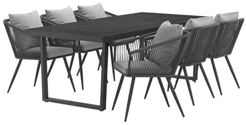 OUTLIV. Gartenmöbel-Set 7-teilig Alex: Tisch 220x100 cm mit Glas-Keramikplatte, Edelstahl-Kufen, 6 Rope-Stühle inkl. Kissen, wetterfest, anthrazit