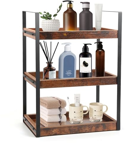 MUCOOS Dreistufiges Kaffee Badezimmer Aufbewahrungsregal, Standregal Badezimmer Organizer, Feuchtigkeitsgeschützt Holzregal Badezimmer Regal Holz mit Metallgestell, Gewürzregal für Küche