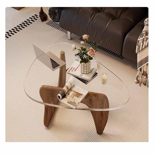 YQCXG Mesa de Centro de Vidrio Triangular, mesas de Centro Modernas de Madera de Nogal y Vidrio, Mesa de Centro de Mediados de Siglo, Tablero de Vidrio Templado, Base de Madera Maciza, p
