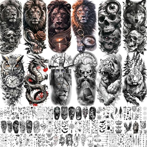 72 Blatt Coole Löwe Tiger Temporäre Tattoos Damen Herren Klebetattoos Erwachsene, Halloween Tattoos Zum Aufkleben Haut Frauen Männer, Fake Tattoo Aufkleber Zeus Gott Jesus Wolf Skelett Eule Drache