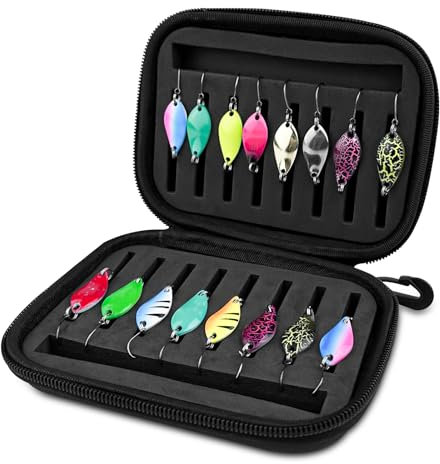 Tryslyn 16 pcs Accessoires de Leurre Peche, Cuillere Peche Truite, Leurres Cuillères Paillettes en Métal avec Boîte de Rangement, pour Brochet, Sandre, Perche pour Eau Douce et en Mer, Multicolore
