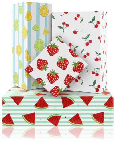 Lot de 8 feuilles de papier cadeau 4 motifs de fruits, citron, fraise, cerise, pastèque, papier cadeau vif pour anniversaires, fêtes d'été, fêtes prénatales