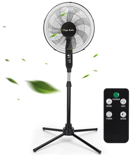 Taylor Swoden Ventilador de pie con Mando, 7 aspas Potente y Silencioso, Pantalla LED, Timer 9H, 3 Velocidades y 3 Modos (Normal/Natural/Sleep), Oscilación de 70°, Altura Regulable, Ø 43 cm, Negro