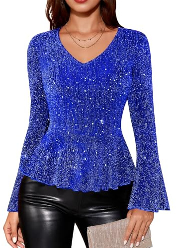 Timormode Sparkly Tops for Women Long Sleeve V Neck Sequin Shirts Slim Fitted Ruffle Glitter Blouses Cocktail Evening Party Night TMT7005 RoyalBlue L