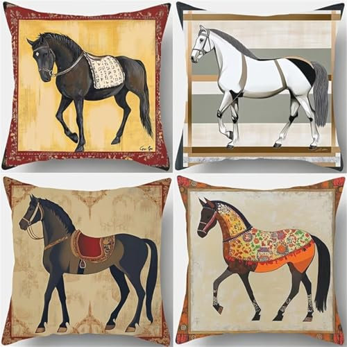 Kissenbezüge 4er Set Pferd 80x80cm Dekorative Kissenhülle, Leinen Zierkissenbezüge mit unsichtbarem Reißverschluss, Weich Kissen Bezug Zierkissen für Sofa Schlafzimmer Wohnzimmer Zuhause Dekor Sv10080