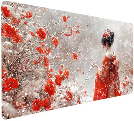 Tapis de Souris XXL 90x50x0.3CM Imperméable Geisha Japonaise Tapis de Bureau Gaming pour Clavier Souris sans Fil Ordinateur Portable, Mouse Pad Hiver Bords Surpiqués Base Antidérapante model-3647
