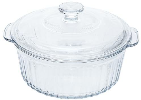 Round Glass Oven Dish with Lid, 2.5L Clear Borosilicate Casserole Dish Set with Handles for Oven Kitchen Home Party Baking Cooking, Freezer & Microwave Safe