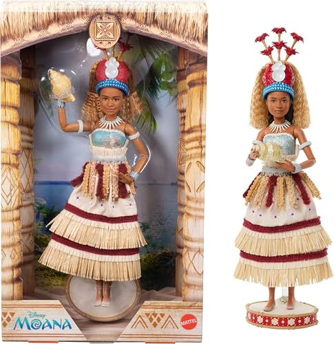 Mattel Disney Collector Moana Fashion Doll from Live-Action Movie | Wears Taupou Ceremonial Look Featuring Feathered Headdress & Conch Shell Accessory, Posable & Collectible