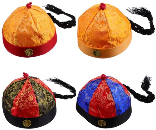 VICASKY Lot de 4 Chapeaux Qing Traditionnels en Tissu avec Tresses, Taille 7, Casquettes de Déguisement Garçon et Filles pour Carnaval, Pièces de Théâtre et Fêtes à Thème Chinois