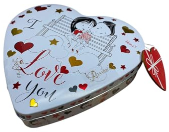 Scatola Latta Cuore con Cioccolatini al Latte Ripieni di Nocciola, 80g, 18x18x3.5 cm