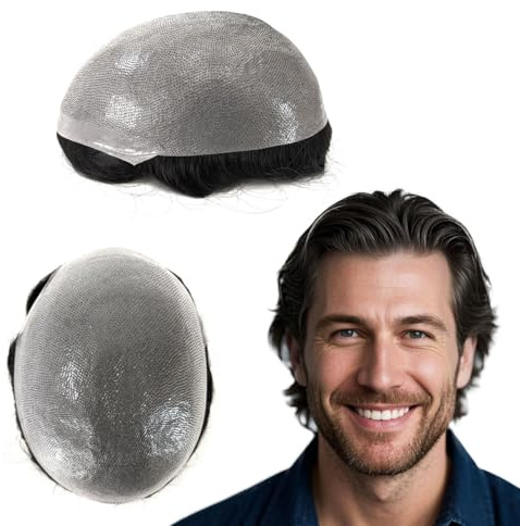 Tresshairca Men‘s Hair System - 0.08-0.10mm Thin Skin Undetectable Toupee for Men, with #1B Natural Black Remy Human Hair, 120% Medium Density, 6x8 Inch Breathable PU Base (Knotless Hairpiece)