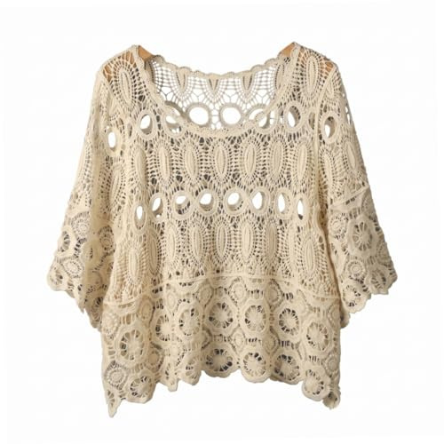 Latemeia Hauts d'été au Crochet pour Femmes, Couverture d'été ajourée Respirante, légère à Manches Courtes tricotée au Crochet, Beige, Taille Unique, Hauts pour Femmes