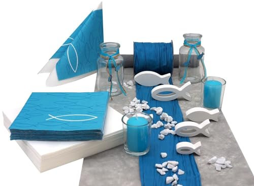 ZauberDeko Tischdeko Kommunion Konfirmation Petrol Blau Grau Weiß Fisch Set 20 Personen Isaak